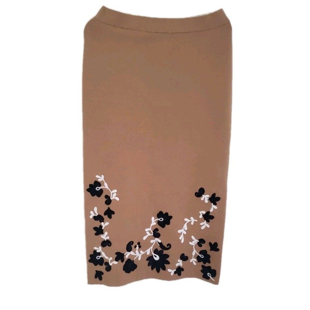 NEW ANN TAYLOR EMBROIDERED COLUMN MIDI KNIT SKIRT CAMEL MEDIUM